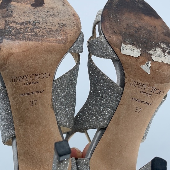 Jimmy Choo Silver Glitter Strappy rhinestone ankle tie peep toe heels 37 - Picture 8 of 9